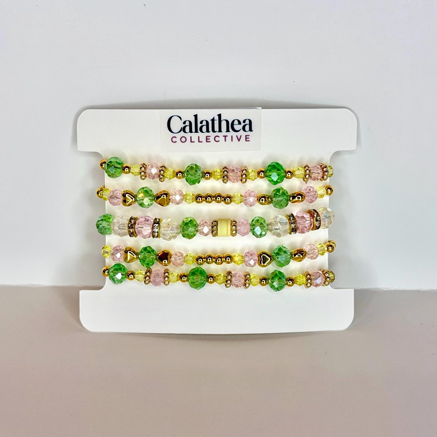 Spring Blossom Bracelet Collection: Pink Yellow Green and Gold Beaded Bracelets with Crystal Accents