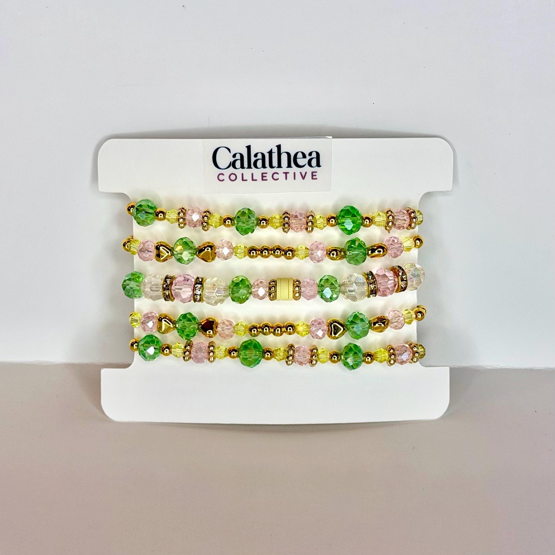 Spring Blossom Bracelet Collection: Pink Yellow Green and Gold Beaded Bracelets with Crystal Accents