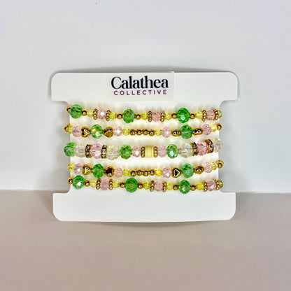 Spring Blossom Bracelet Collection: Pink Yellow Green and Gold Beaded Bracelets with Crystal Accents
