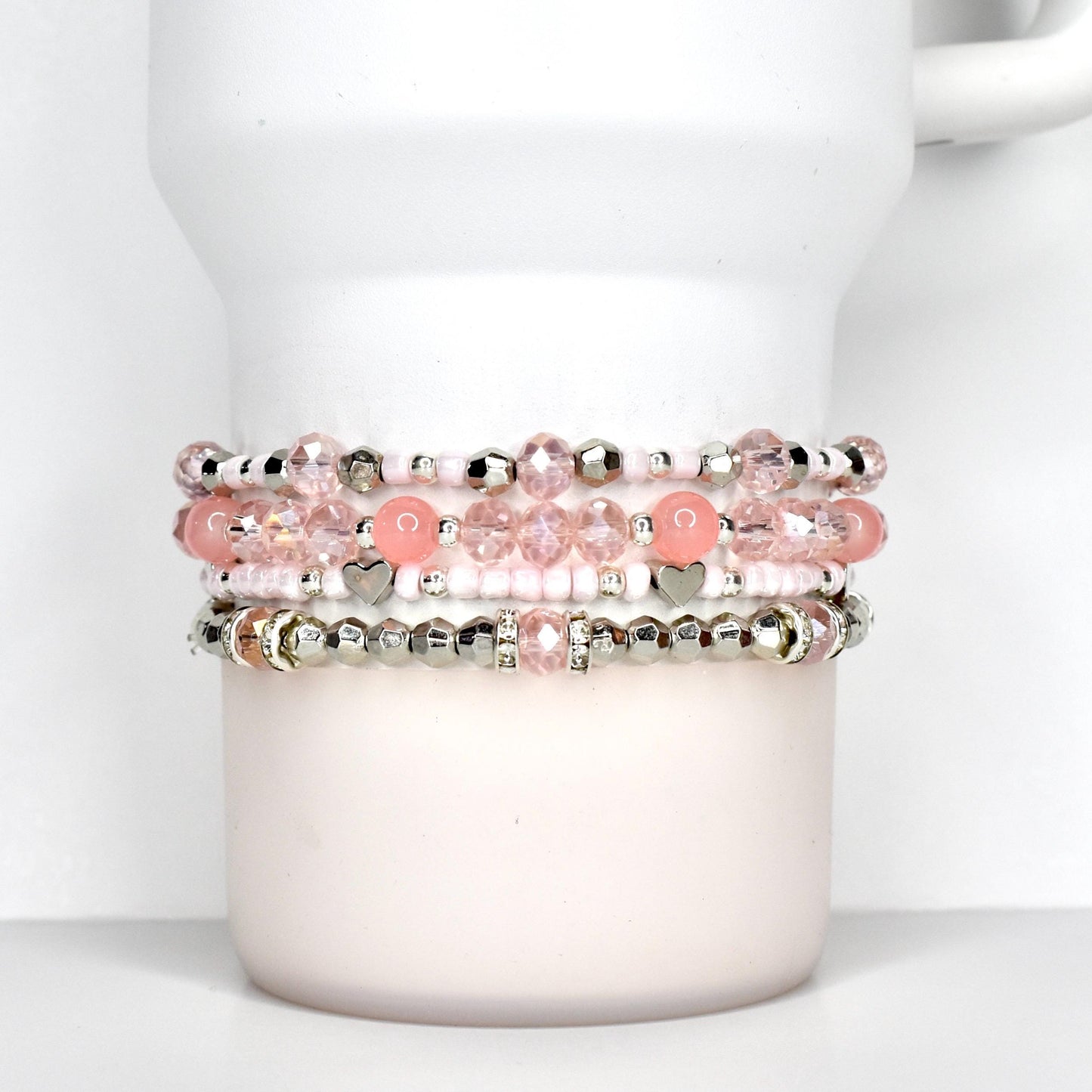 Tea Rose Tile Bracelet Collection: Peach Pink and Silver Beaded Bracelets