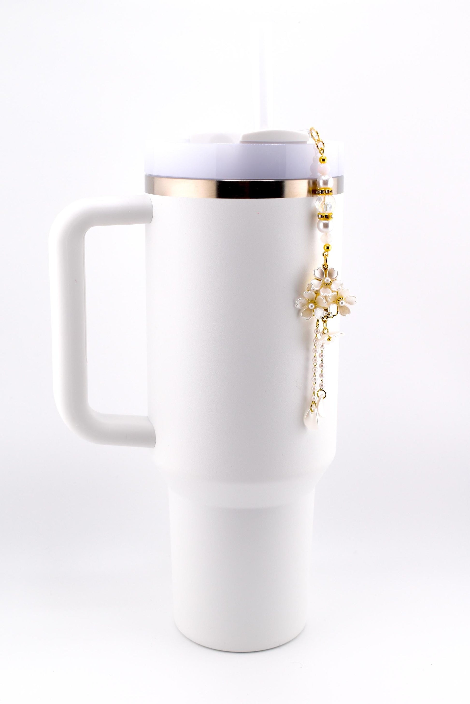 Floral Pearl Tumbler Straw Charm with Gold Accents