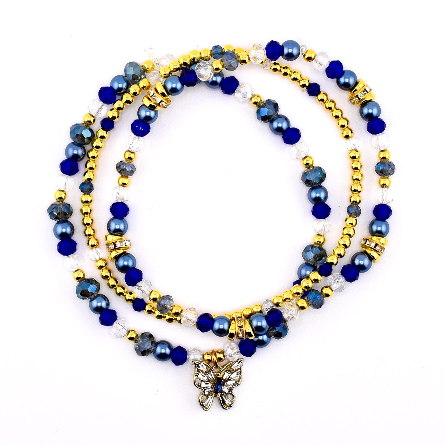 Blue and Gold Butterfly Charm Bracelet Stack - Set of 3 Beaded Bracelets