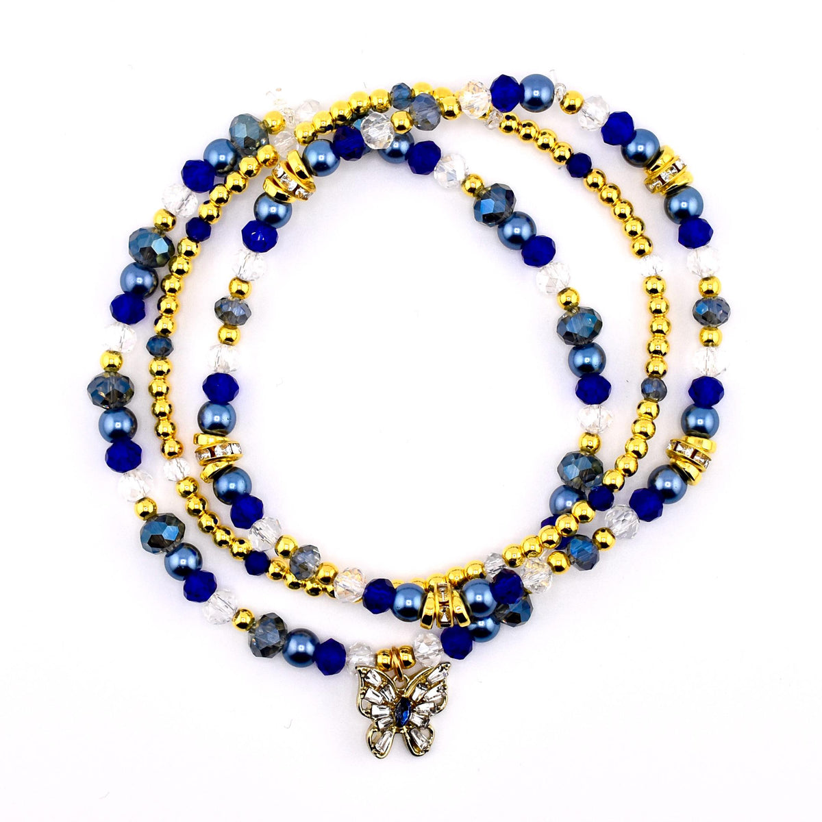 Blue and Gold Butterfly Charm Bracelet Stack - Set of 3 Beaded Bracelets