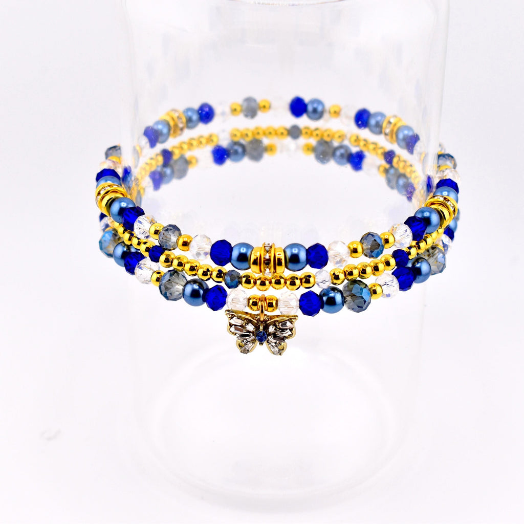 Blue and Gold Butterfly Charm Bracelet Stack - Set of 3 Beaded Bracelets