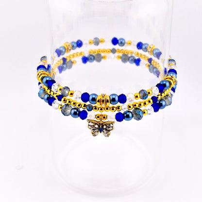 Blue and Gold Butterfly Charm Bracelet Stack - Set of 3 Beaded Bracelets