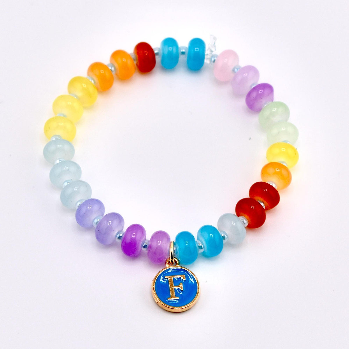 Rainbow Rondelle Beaded Bracelet with Light Blue Spacers