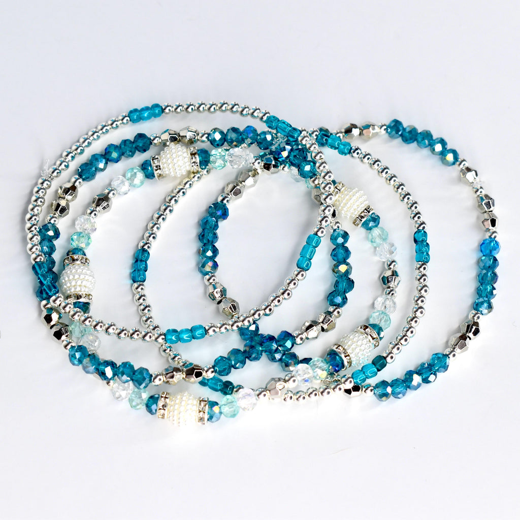 Blue and Silver Bracelet Collection | Handmade Beaded Stretch Bracelets