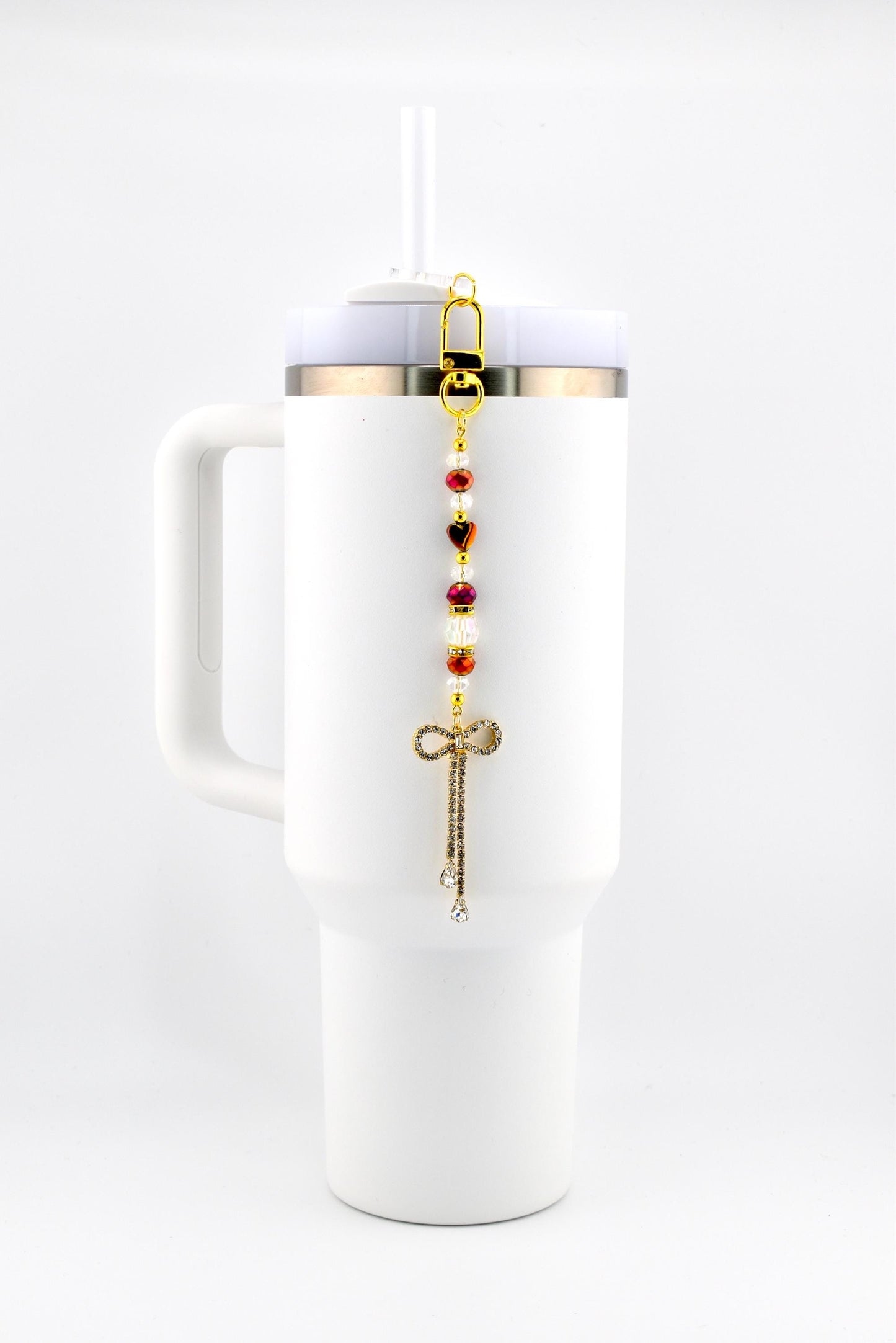 Rhinestone Bow Tumbler Straw Charm with Maroon and Gold Accents