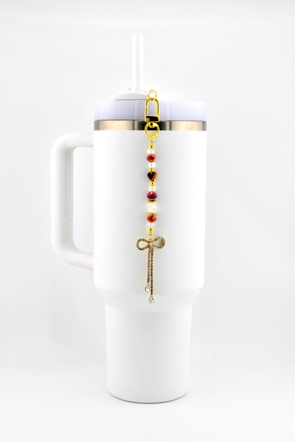 Rhinestone Bow Tumbler Straw Charm with Maroon and Gold Accents