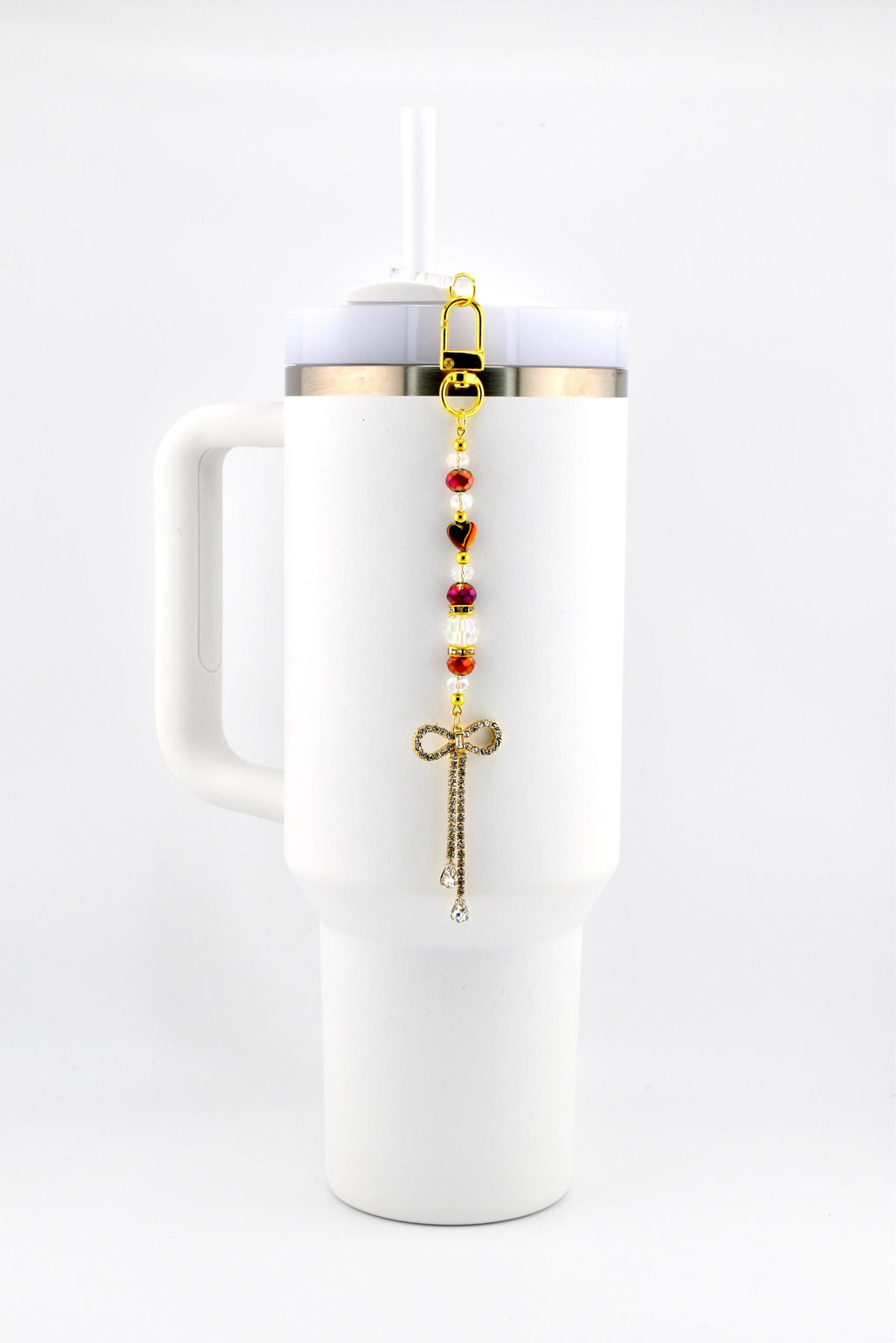 Rhinestone Bow Tumbler Straw Charm with Maroon and Gold Accents