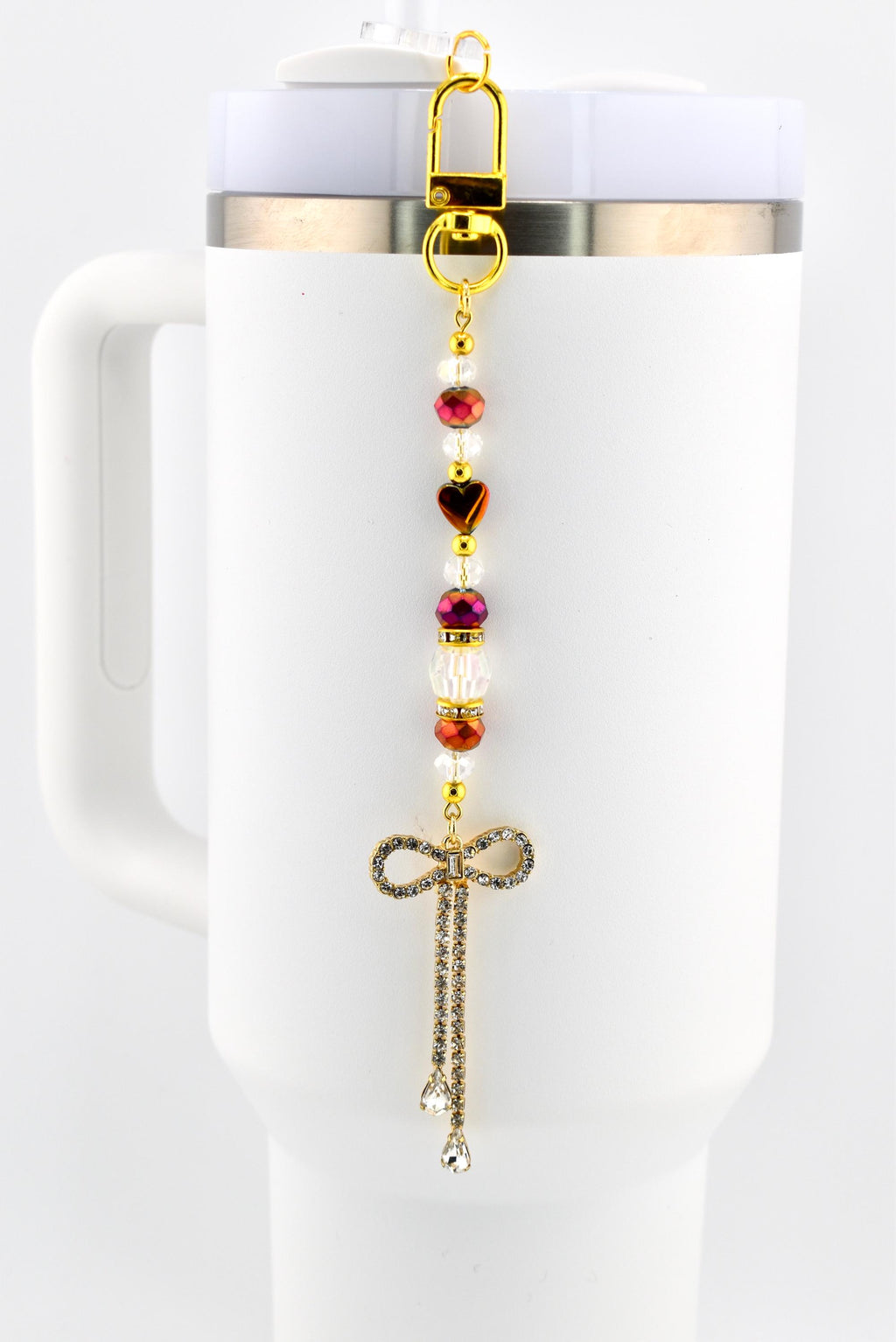 Rhinestone Bow Tumbler Straw Charm with Maroon and Gold Accents