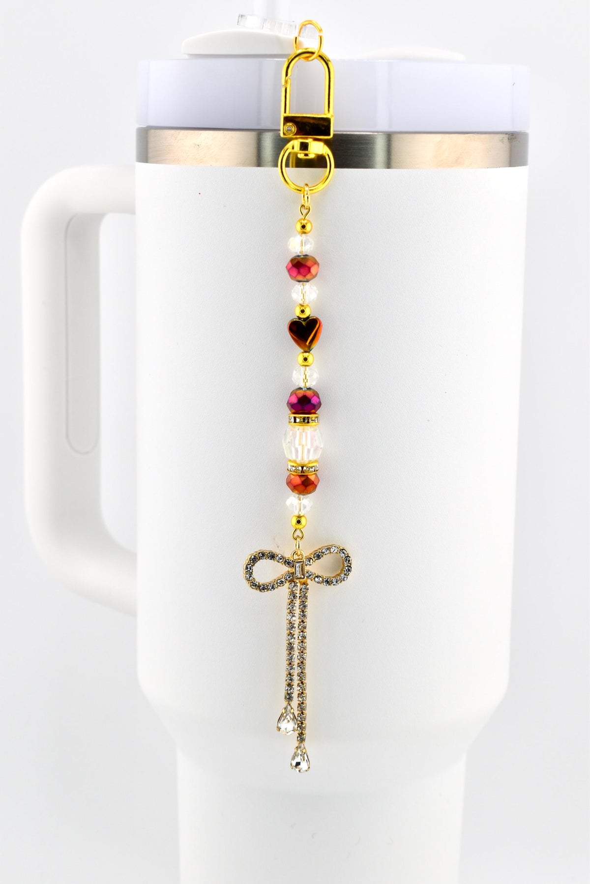 Rhinestone Bow Tumbler Straw Charm with Maroon and Gold Accents
