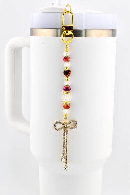 Rhinestone Bow Tumbler Straw Charm with Maroon and Gold Accents