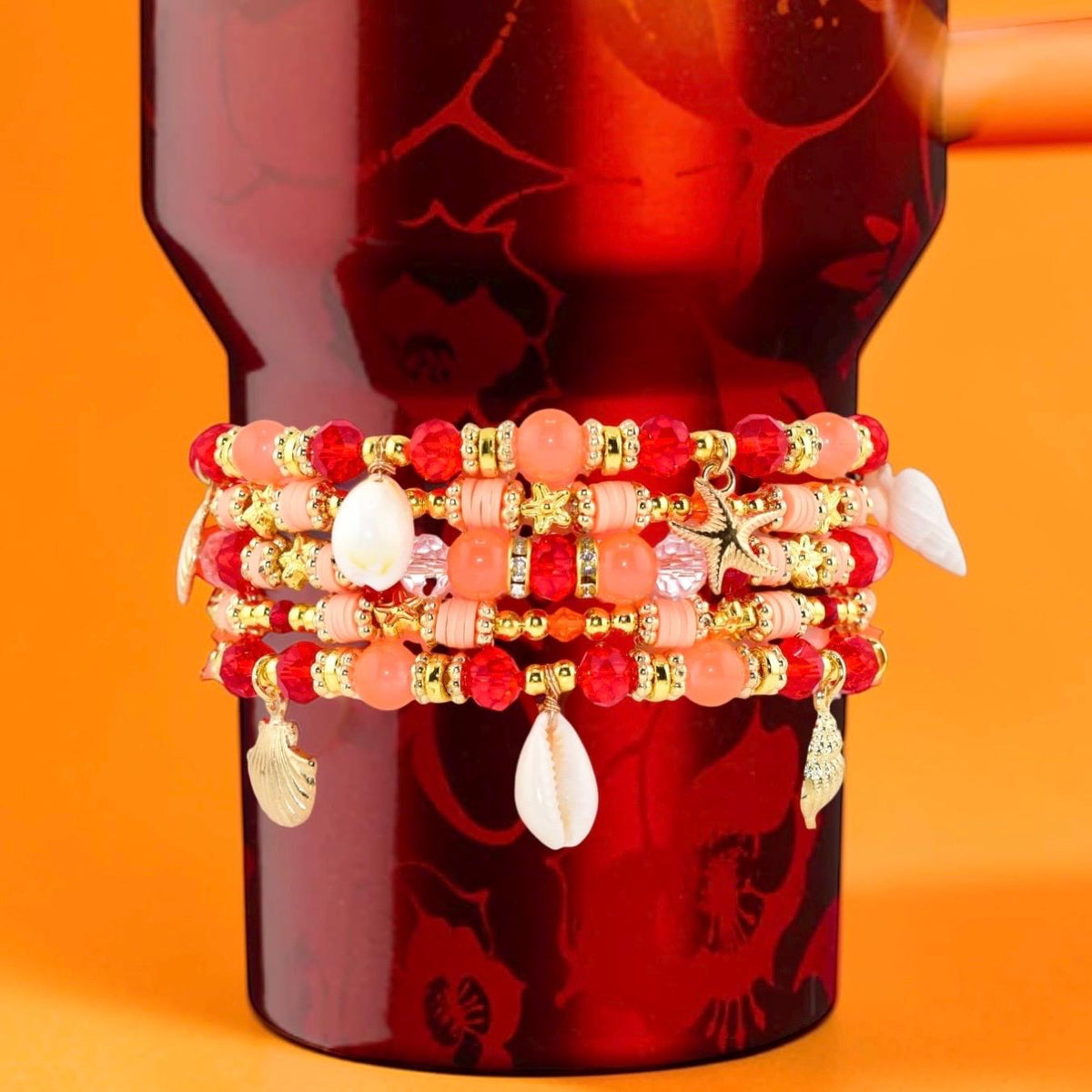 Orange Red and Gold Bracelet Collection with Hibiscus Flowers and Shell Charms