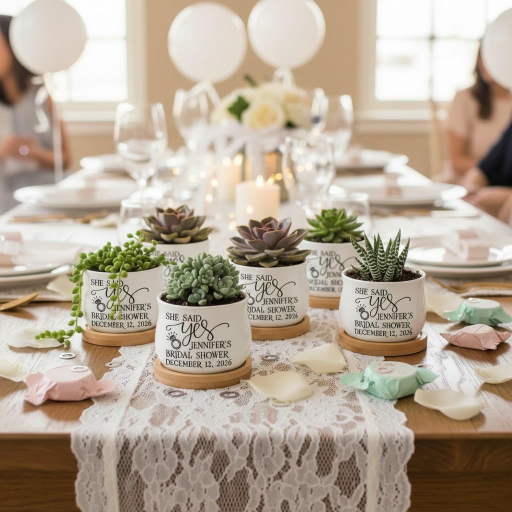 Personalized Mini Succulent Pot | She Said Yes Bridal Shower Favor with Bamboo Tray