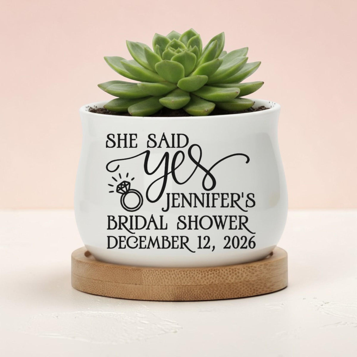 Personalized Mini Succulent Pot | She Said Yes Bridal Shower Favor with Bamboo Tray