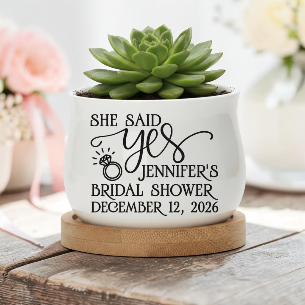 Personalized Mini Succulent Pot | She Said Yes Bridal Shower Favor with Bamboo Tray