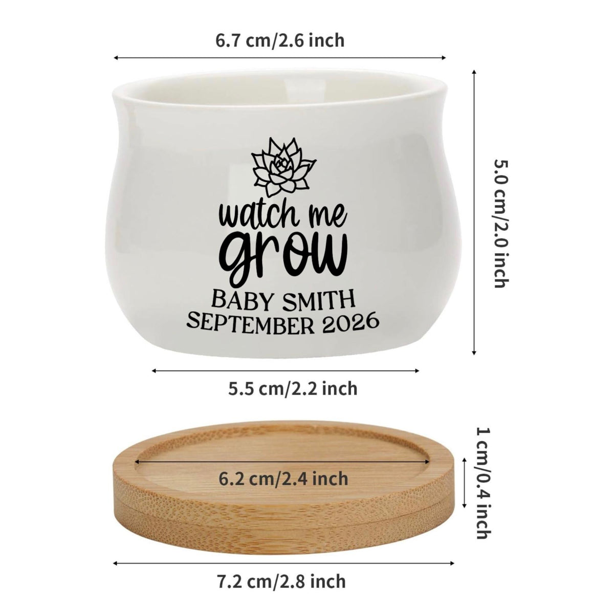 Custom Plant Container Baby Shower Favor Personalized Ceramic Pot Mini Succulent Planter Bamboo Tray Set Watch Me Grow Design White Glazed Finish Special Keepsake Gift Unique Nursery Addition Memory Token Plant Lover Present