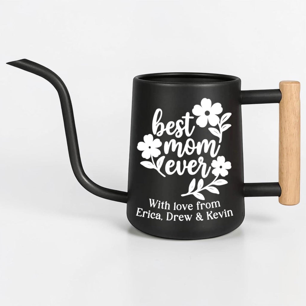 Personalized Watering Can: Best Mom Ever Floral Design and Wood Handle