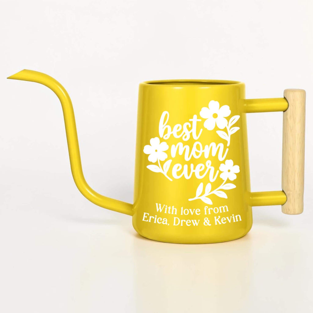 Personalized Watering Can: Best Mom Ever Floral Design and Wood Handle