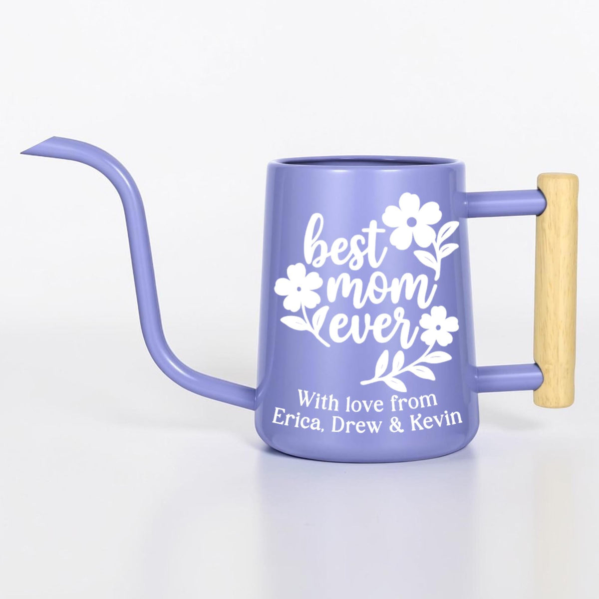 Personalized Watering Can: Best Mom Ever Floral Design and Wood Handle