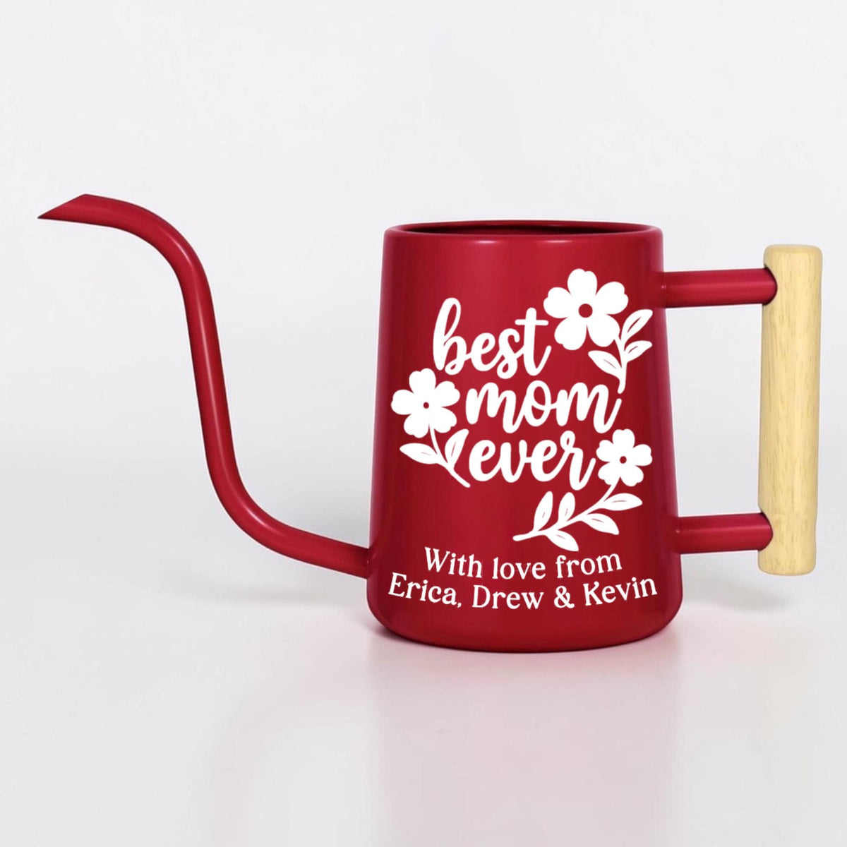 Personalized Watering Can: Best Mom Ever Floral Design and Wood Handle