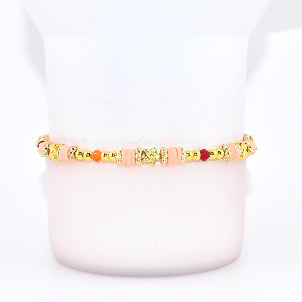 Orange Red and Gold Bracelet Collection with Hibiscus Flowers and Shell Charms