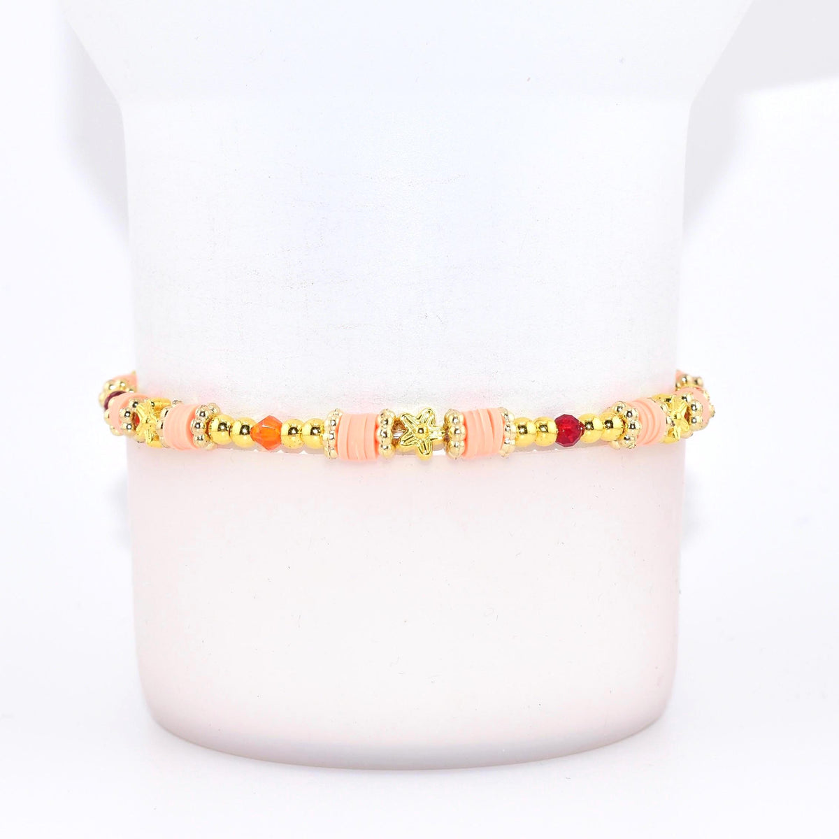 Orange Red and Gold Bracelet Collection with Hibiscus Flowers and Shell Charms