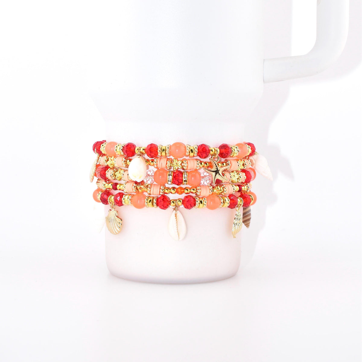 Orange Red and Gold Bracelet Collection with Hibiscus Flowers and Shell Charms