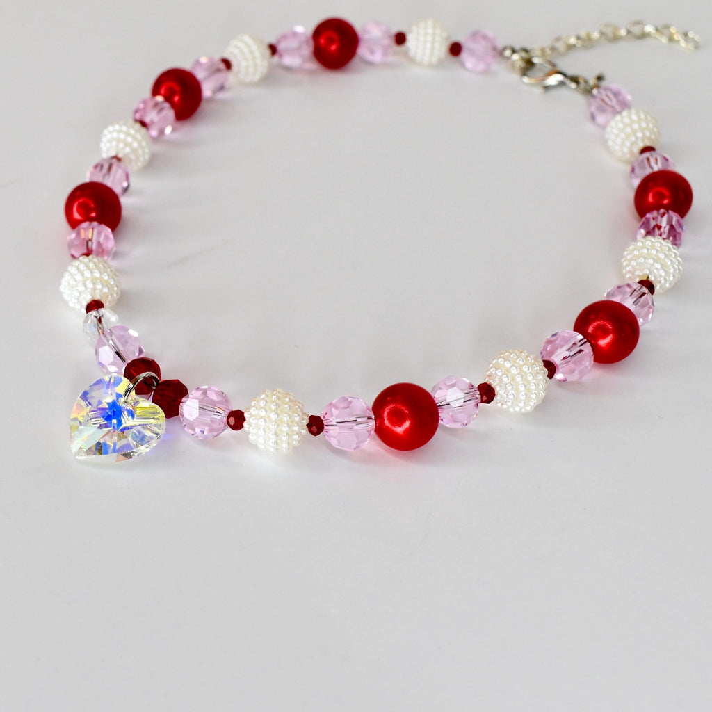 Crystal Heart Necklace | Red Pink Beaded Necklace | Kids & Adult Sizes