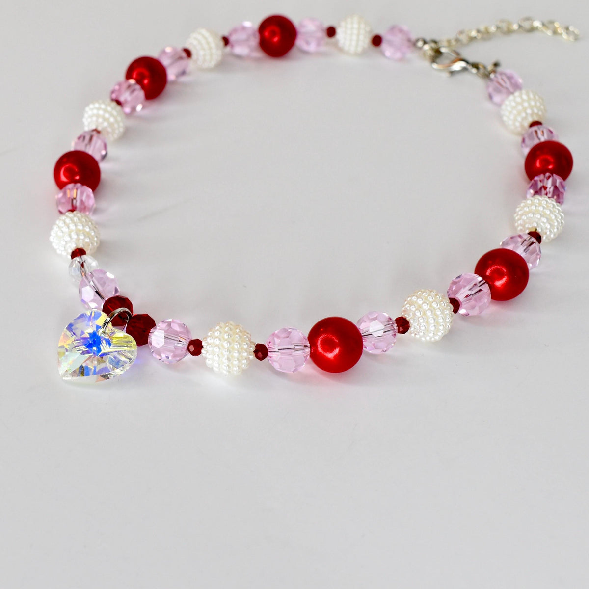 Crystal Heart Necklace | Red Pink Beaded Necklace | Kids & Adult Sizes