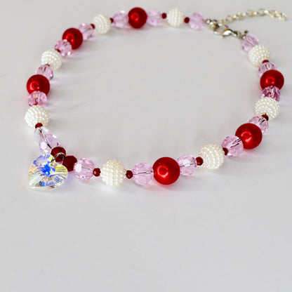 Crystal Heart Necklace | Red Pink Beaded Necklace | Kids & Adult Sizes
