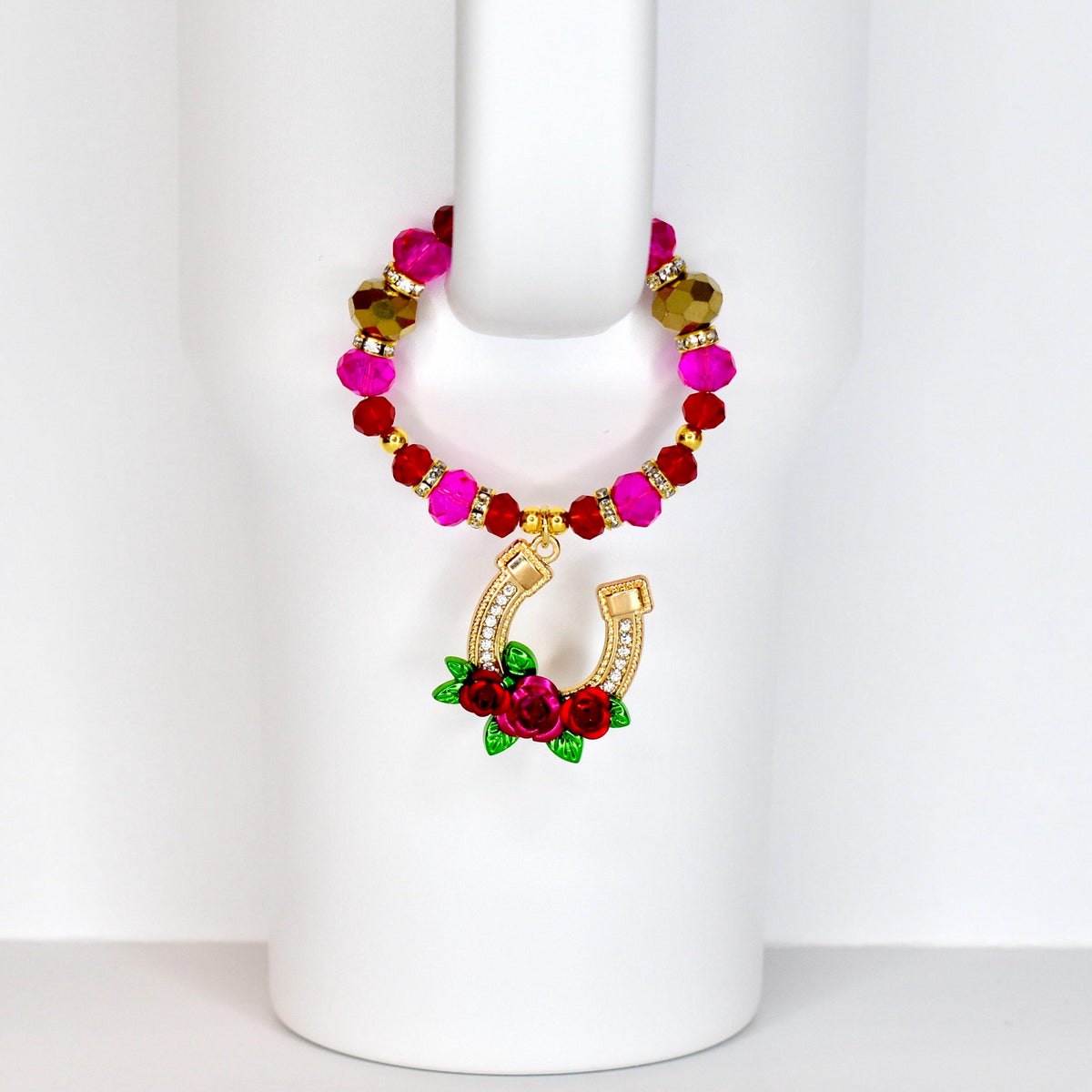 Hot Pink Red Gold Beaded Tumbler Handle Bracelet | Kentucky Derby Horseshoe Charm