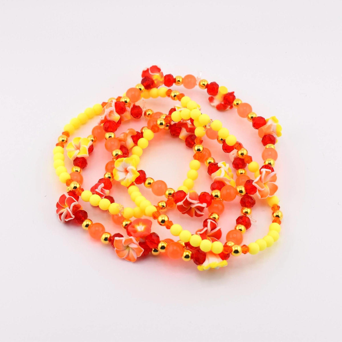 Hibiscus Flower Bracelet Set Orange Red Yellow Gold Beaded Boho Beach Stackable Jewelry Gift
