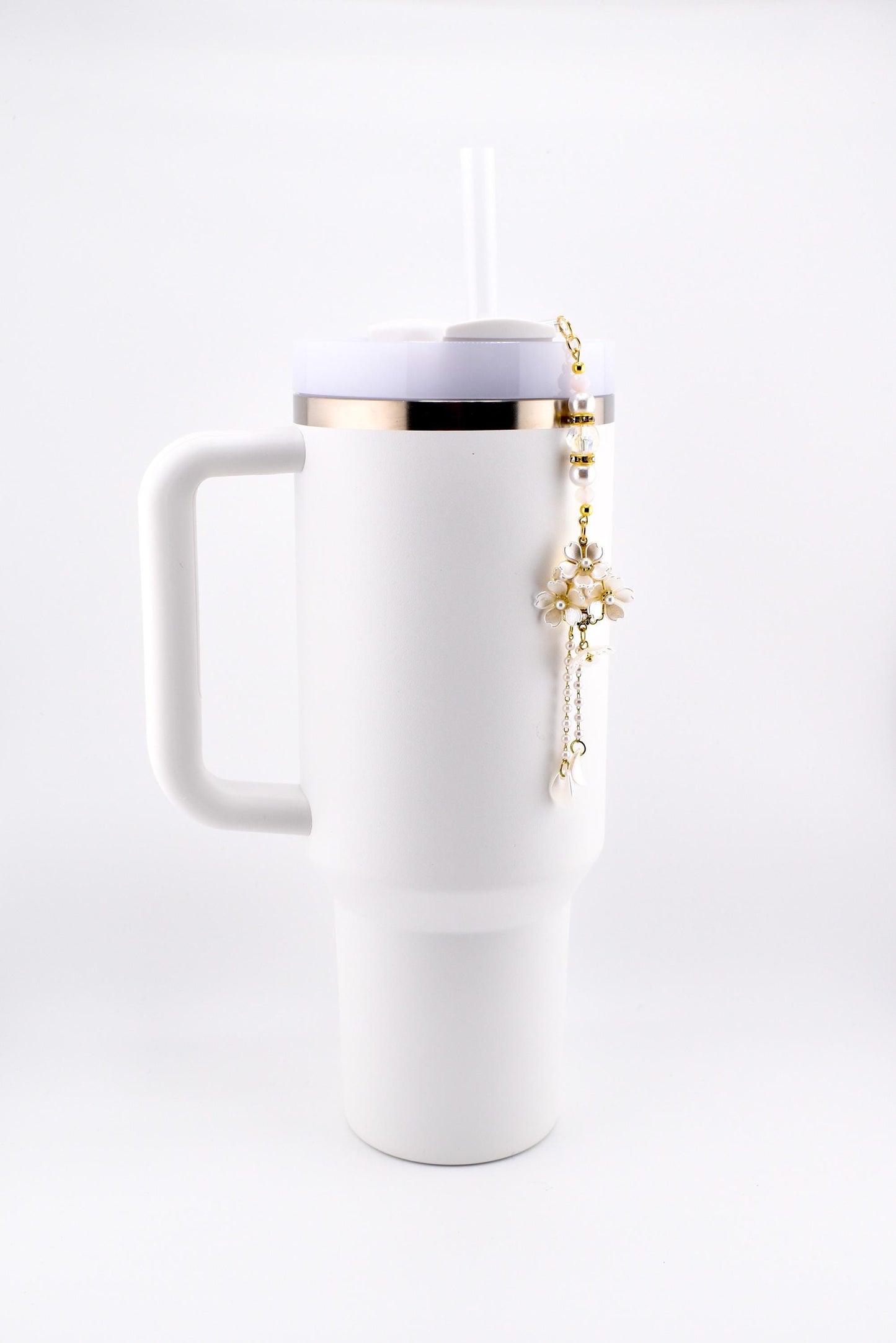Floral Pearl Tumbler Straw Charm with Gold Accents