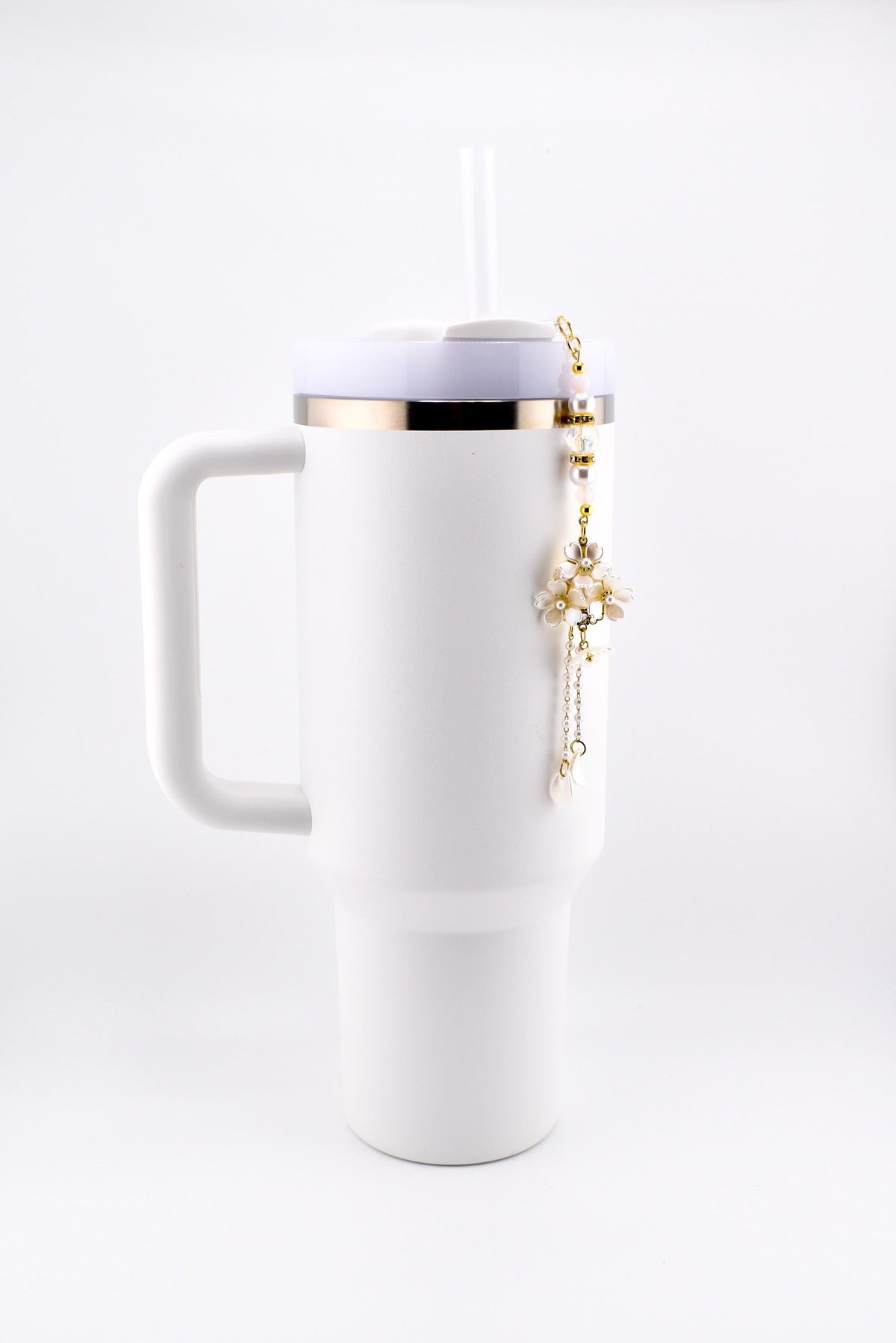 Floral Pearl Tumbler Straw Charm with Gold Accents