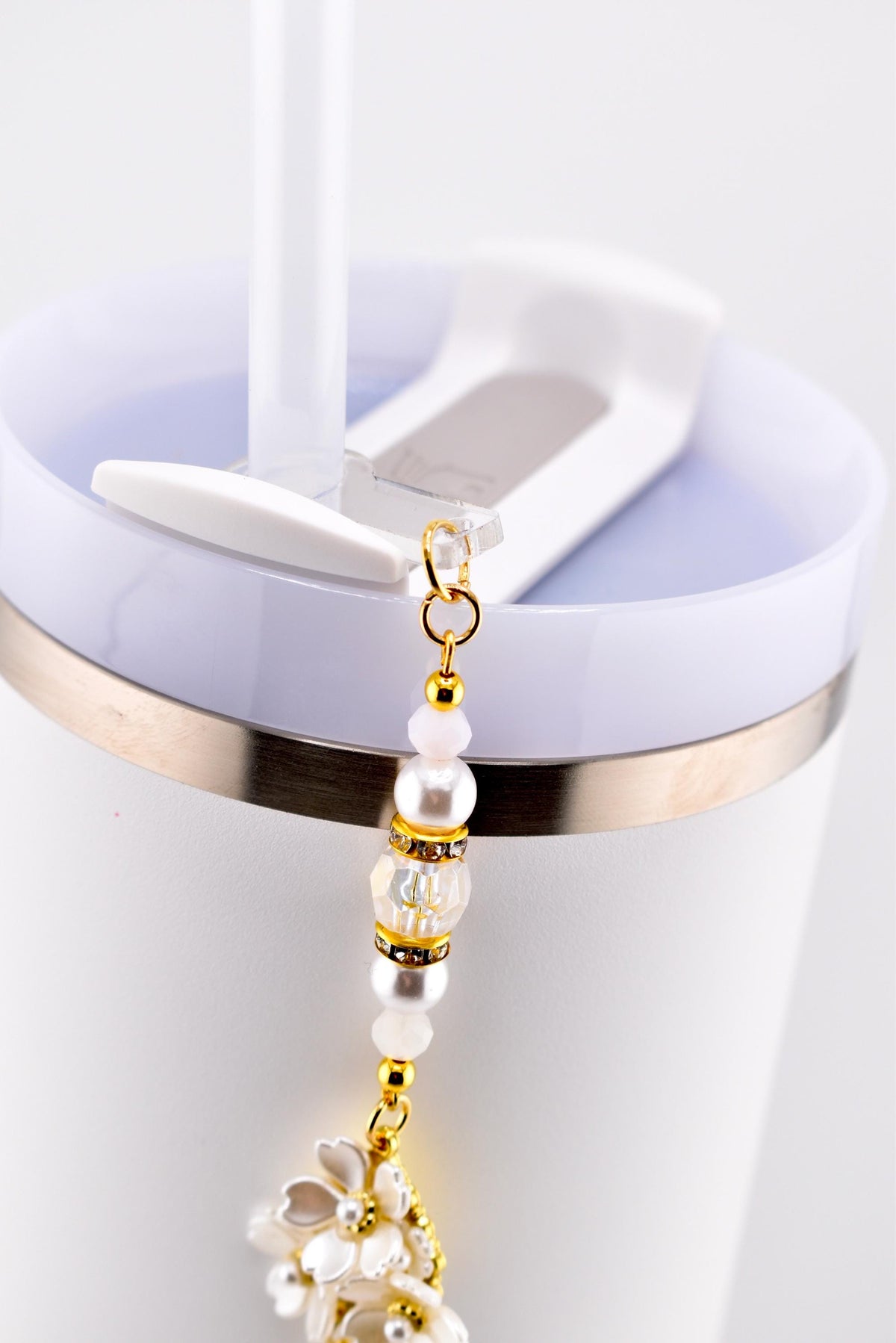 Floral Pearl Tumbler Straw Charm with Gold Accents