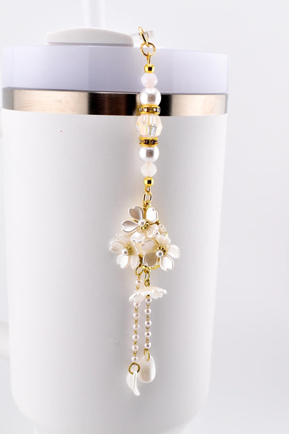 Floral Pearl Tumbler Straw Charm with Gold Accents