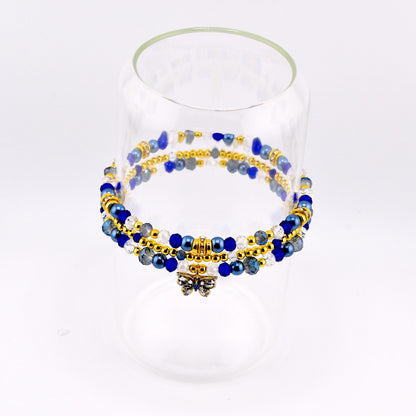 Blue and Gold Butterfly Charm Bracelet Stack - Set of 3 Beaded Bracelets