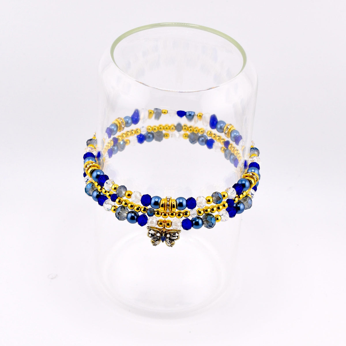 Blue and Gold Butterfly Charm Bracelet Stack - Set of 3 Beaded Bracelets