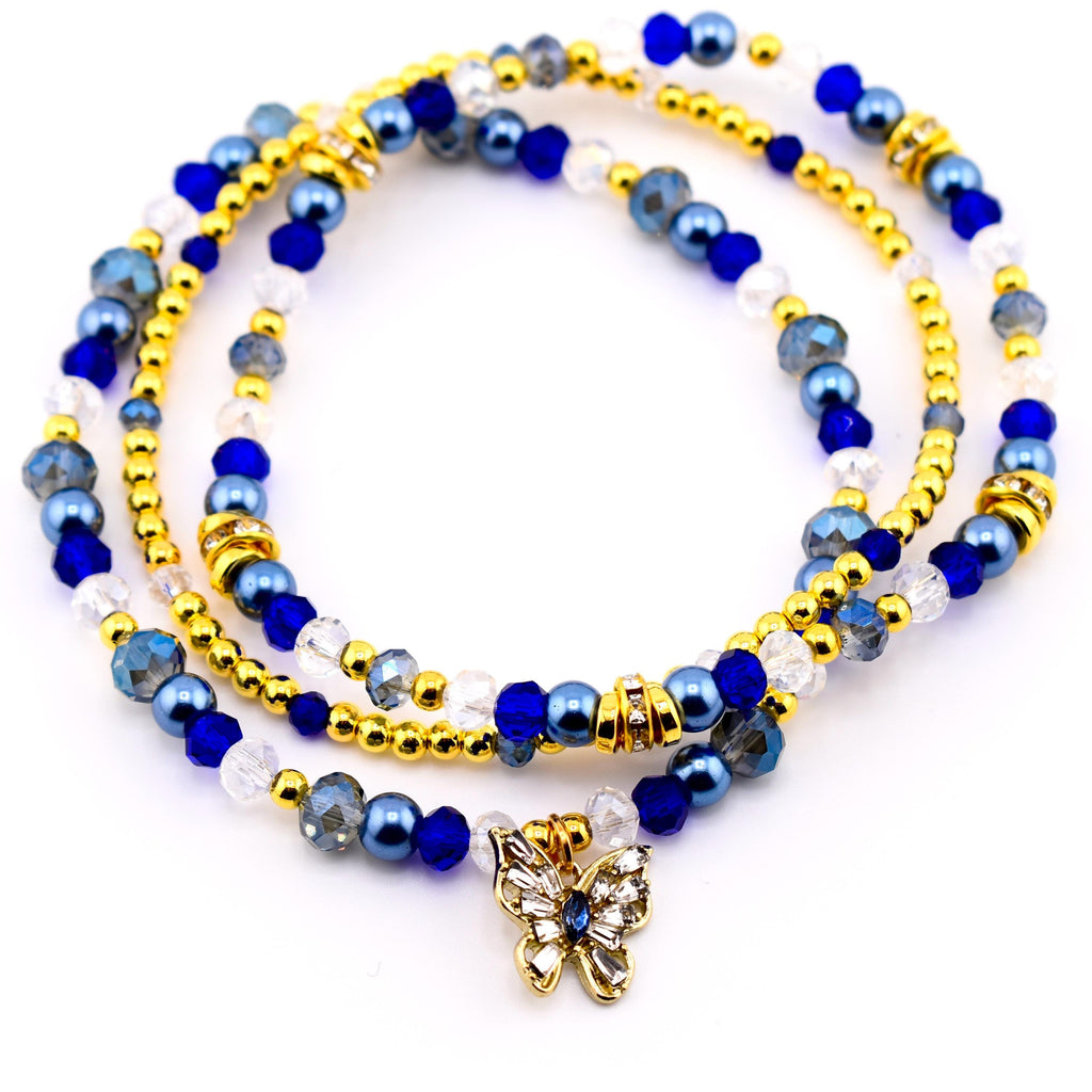 Blue and Gold Butterfly Charm Bracelet Stack - Set of 3 Beaded Bracelets