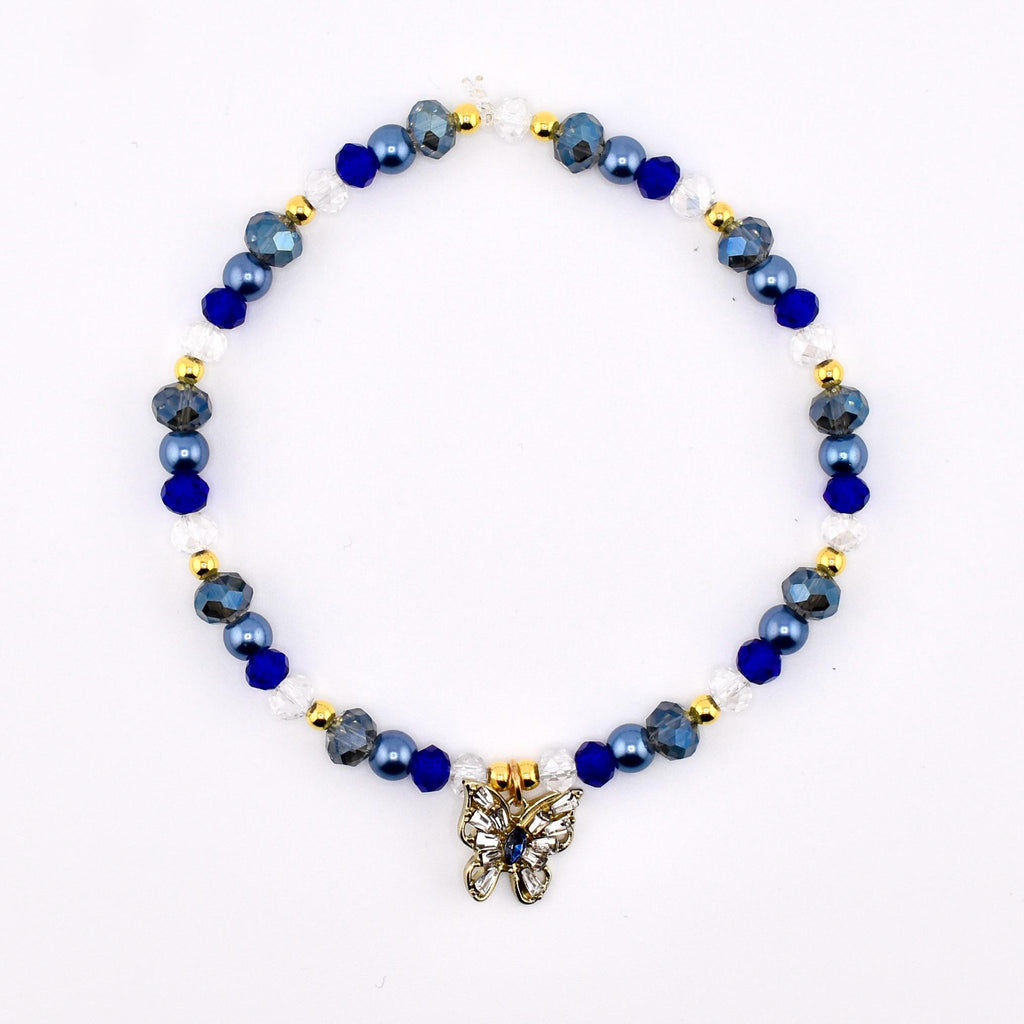 Blue and Gold Butterfly Charm Bracelet Stack - Set of 3 Beaded Bracelets