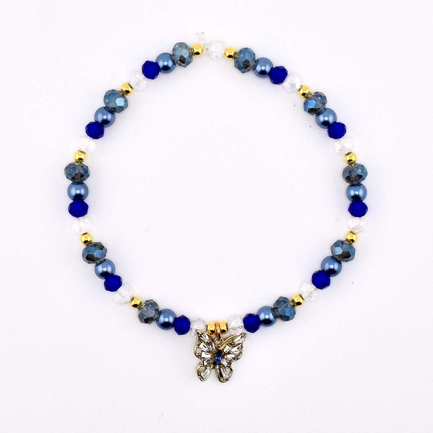 Blue and Gold Butterfly Charm Bracelet Stack - Set of 3 Beaded Bracelets
