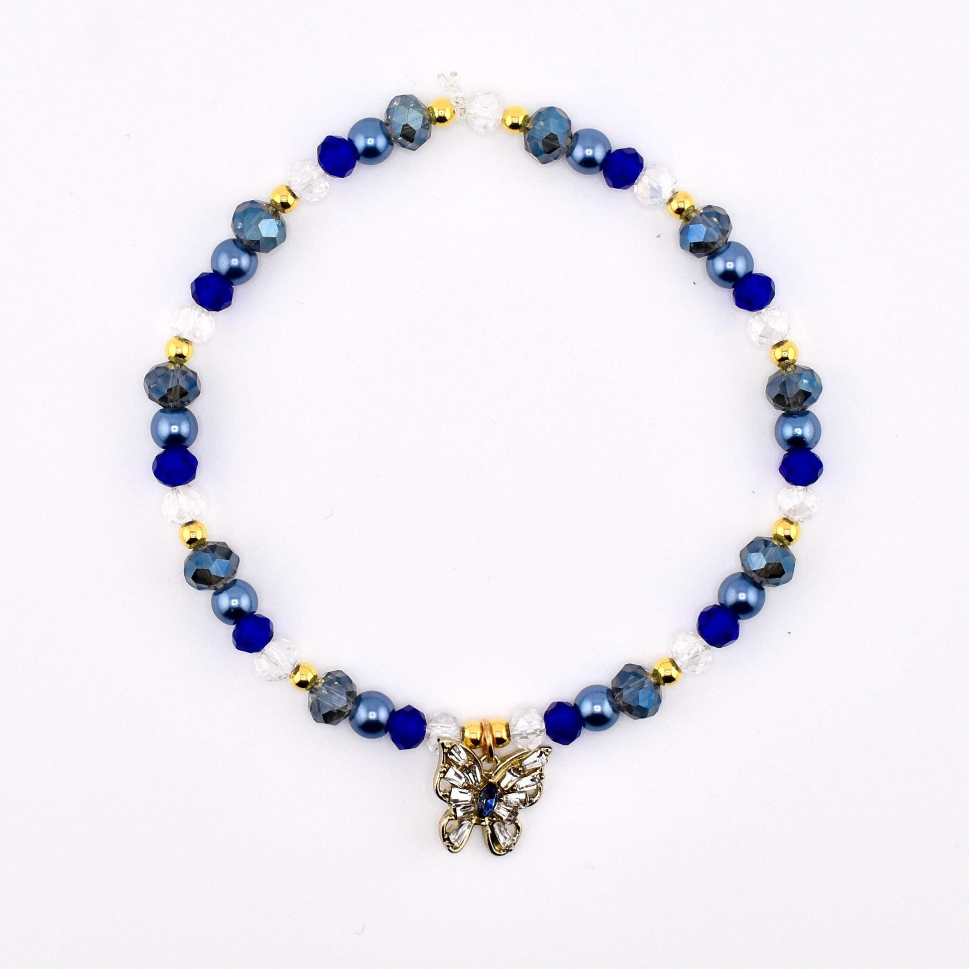 Blue and Gold Butterfly Charm Bracelet Stack - Set of 3 Beaded Bracelets