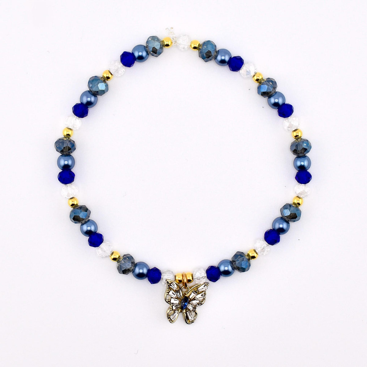 Blue and Gold Butterfly Charm Bracelet Stack - Set of 3 Beaded Bracelets