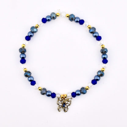 Blue and Gold Butterfly Charm Bracelet Stack - Set of 3 Beaded Bracelets