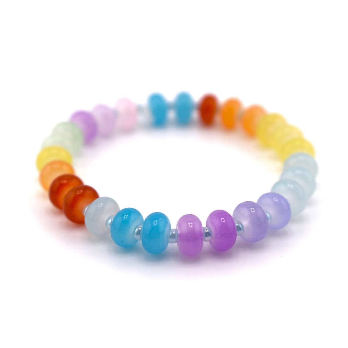 A colorful beaded bracelet featuring a rainbow of hues. The bracelet showcases a spectrum of colors, including blue, purple, yellow, orange, and red. The beads are round and strung together, creating a vibrant accessory.
