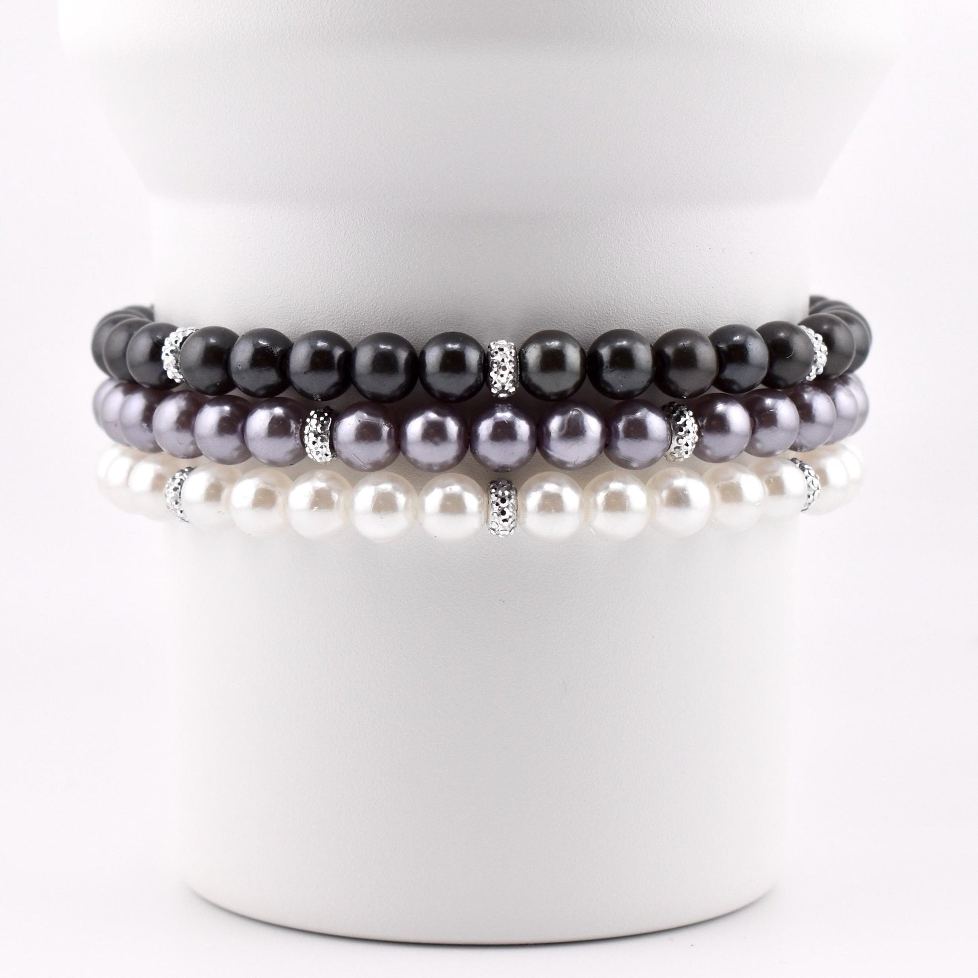 Simple Faux Pearl Beaded Bracelets with Sparkly Spacer Beads