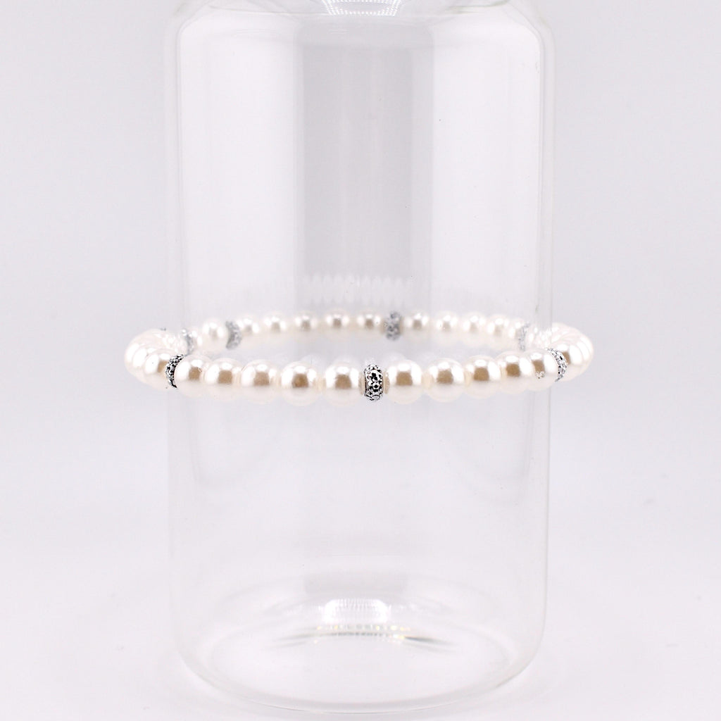 Simple Sparkle Pearl Bracelet | Faux Pearl Beaded Bracelet with Silver Spacers