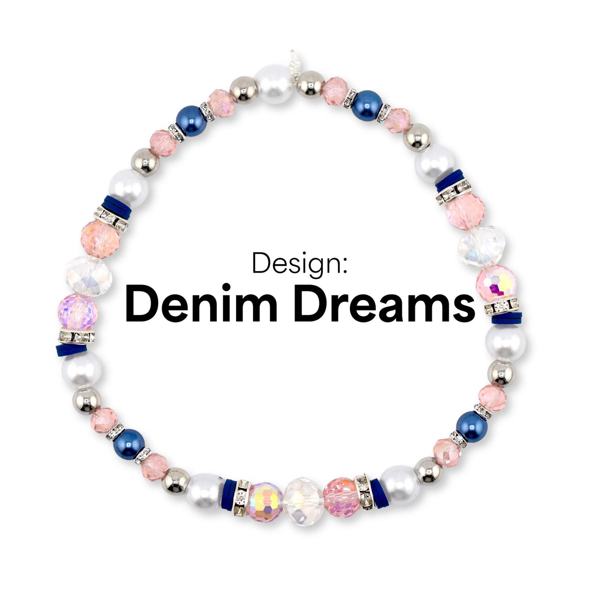 A beaded bracelet with the text "Denim Dreams." The bracelet features a mix of white, pink, blue, and iridescent beads. Silver-colored beads and dark blue accents are also present in the design.